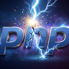 La scritta PHP crepata e colpita da un fulmine su sfondo blu scuro