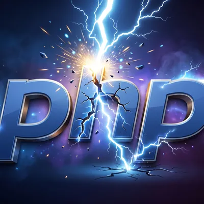 La scritta PHP crepata e colpita da un fulmine su sfondo blu scuro