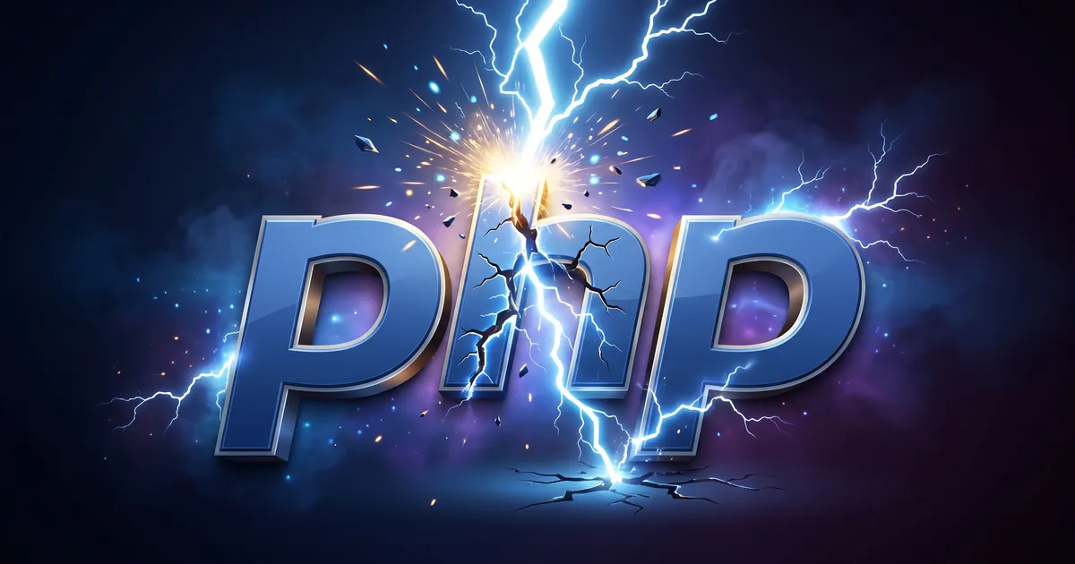 La scritta PHP crepata e colpita da un fulmine su sfondo blu scuro