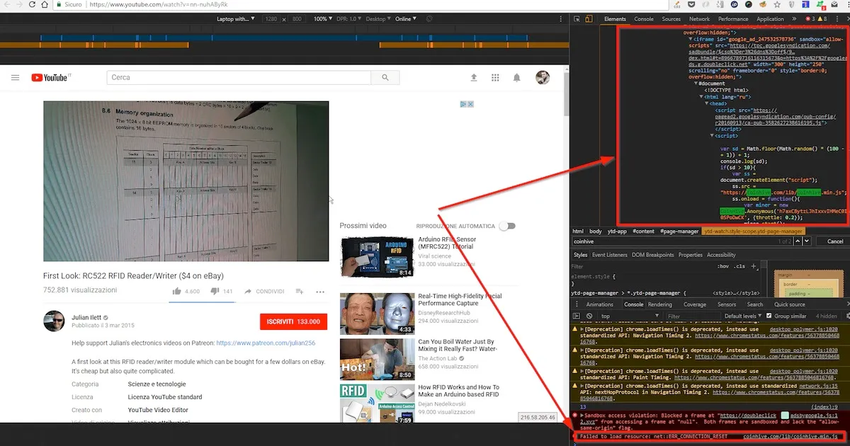 Coinhive Miner dentro gli annunci di YouTube